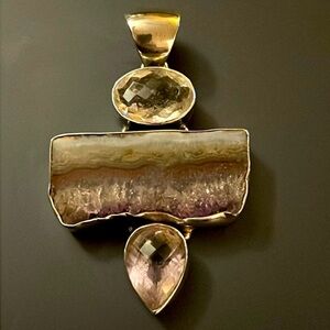 Amethyst slice pendant with faceted glass stones set in sterling